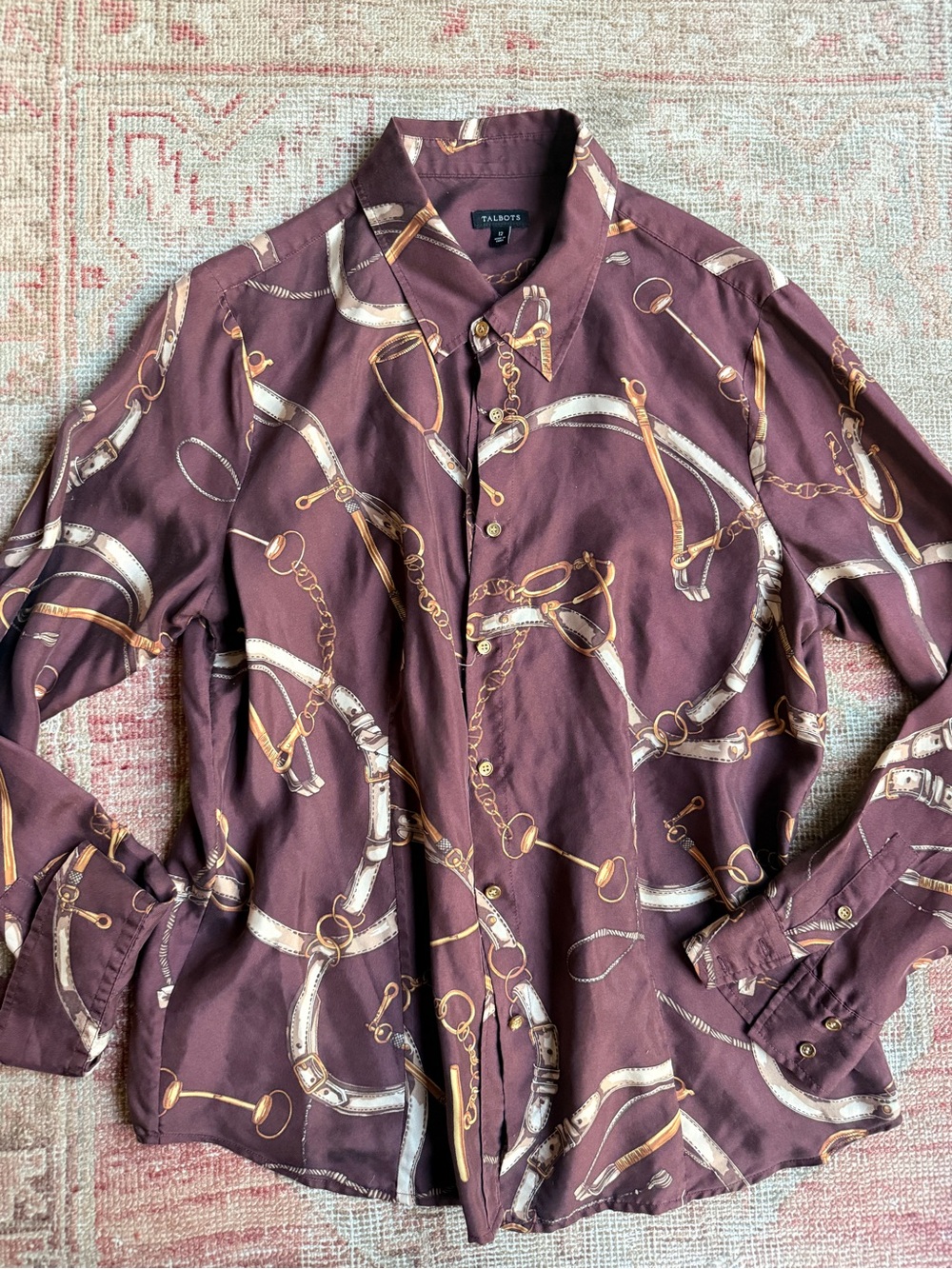 Fall equestrian Print Button-Up silk top